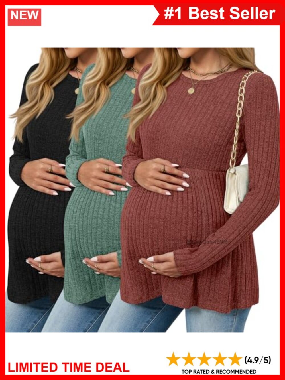 3 Pack Maternity Sweaters Long Sleeve Ribbed T-Shirts Crew Neck Slim Fit